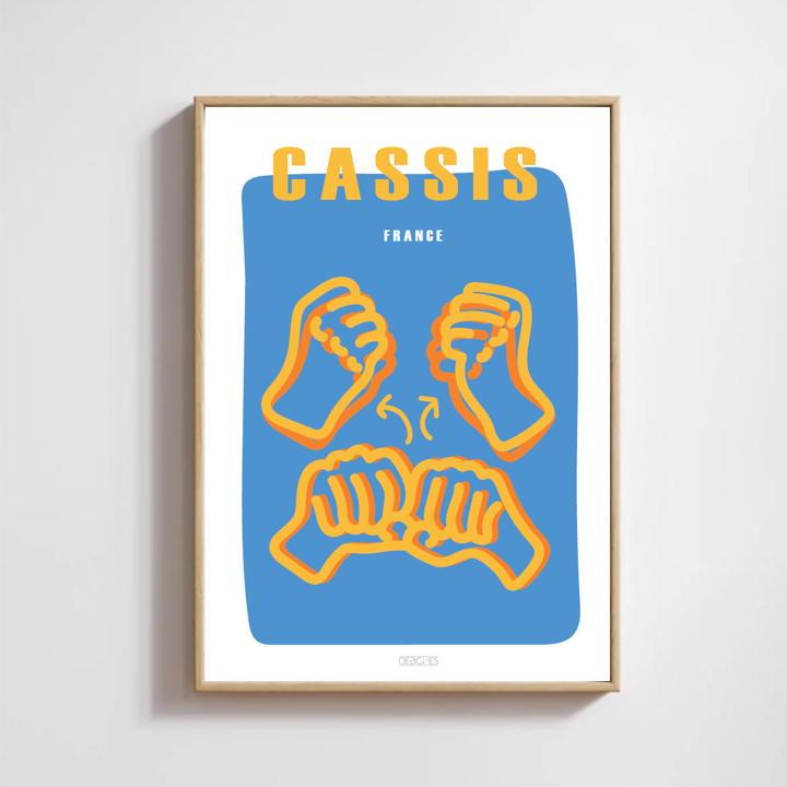 Affiche du signe en langue des signes française de la ville de Cassis encadrée