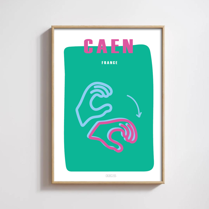 Affiche du signe en langue des signes française de la ville de Caen encadrée