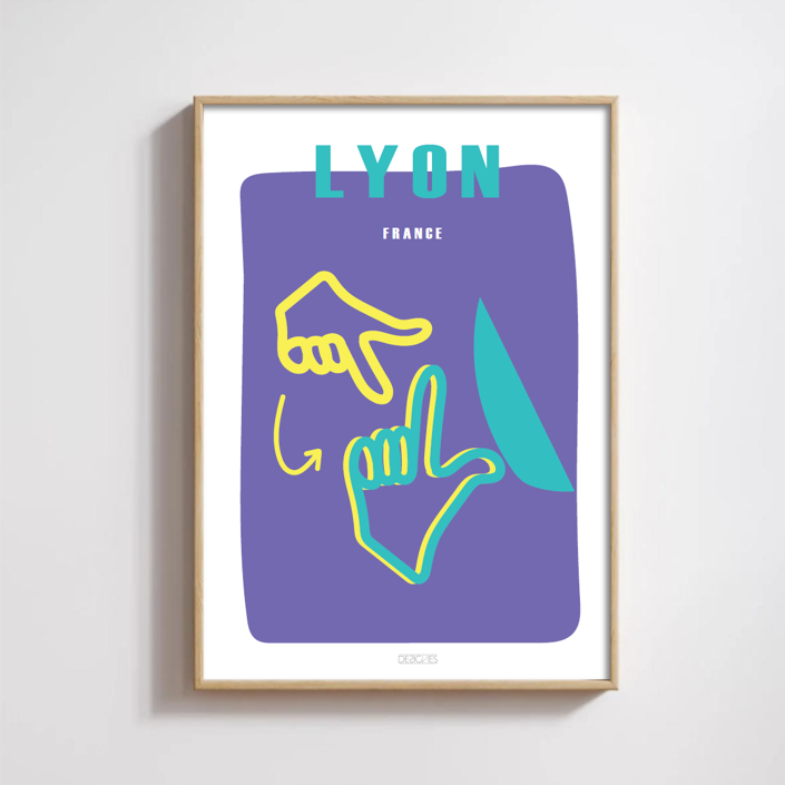 Affiche du signe en langue des signes française de la ville de Lyon encadrée