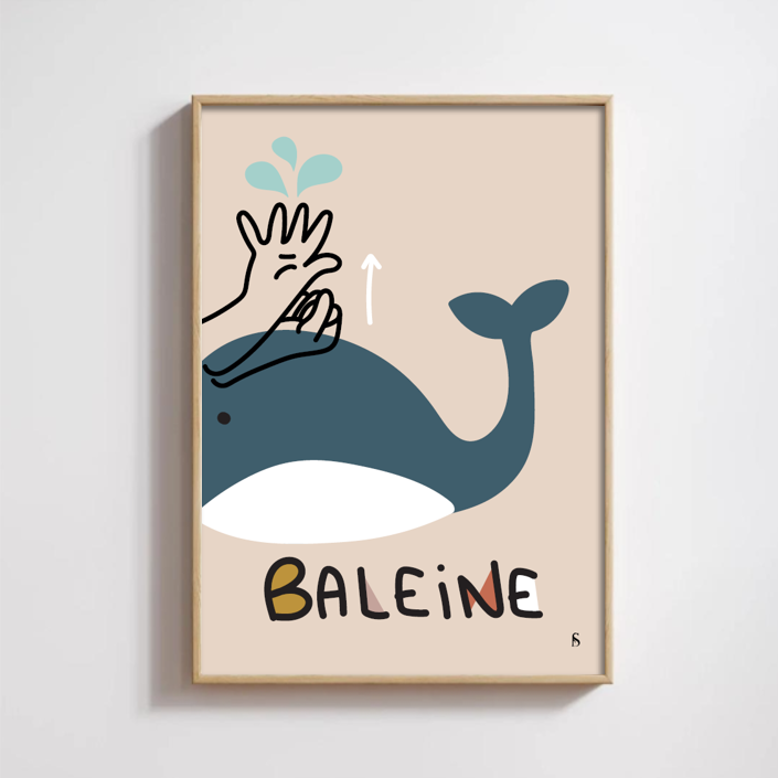 Affiche en langue des signes française du mot baleine encadrée