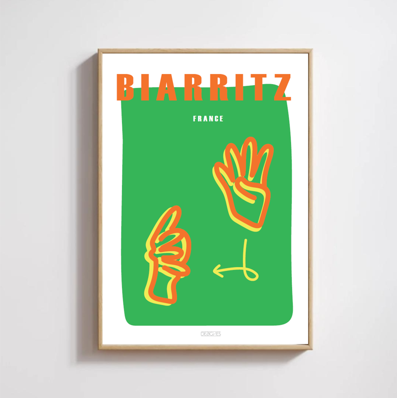 Affiche du signe en langue des signes française de la ville de Biarritz encadrée