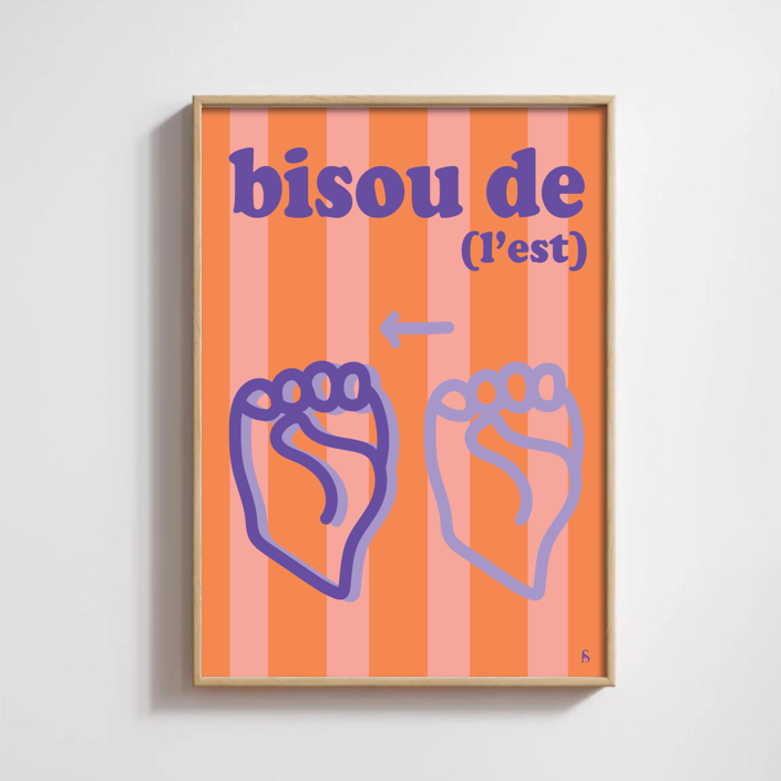 Affiche du signe Est en Langue des Signes Française avec la mention "Bisous de l'Est"