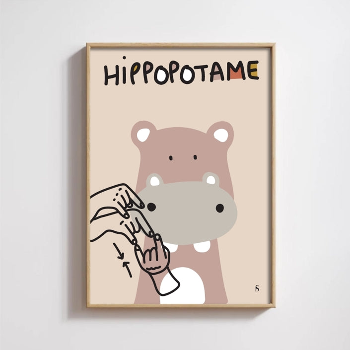 Affiche d'une illustration d'un hippopotame avec son signe en langue des signes française encadrée