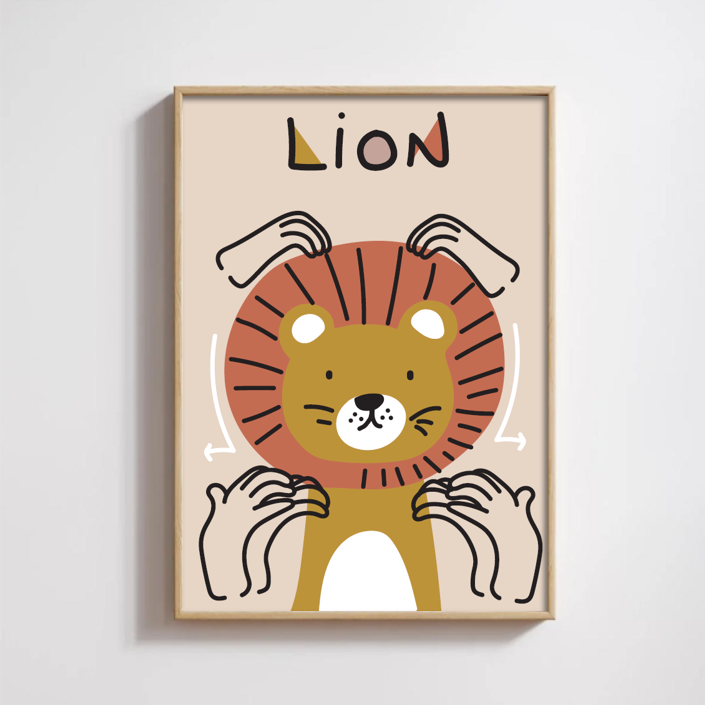Affiche en langue des signes française du mot lion encadrée