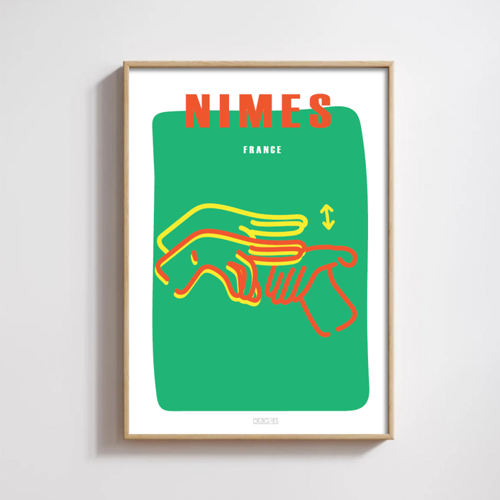 Affiche du signe en langue des signes française de la ville de Nîmes encadrée