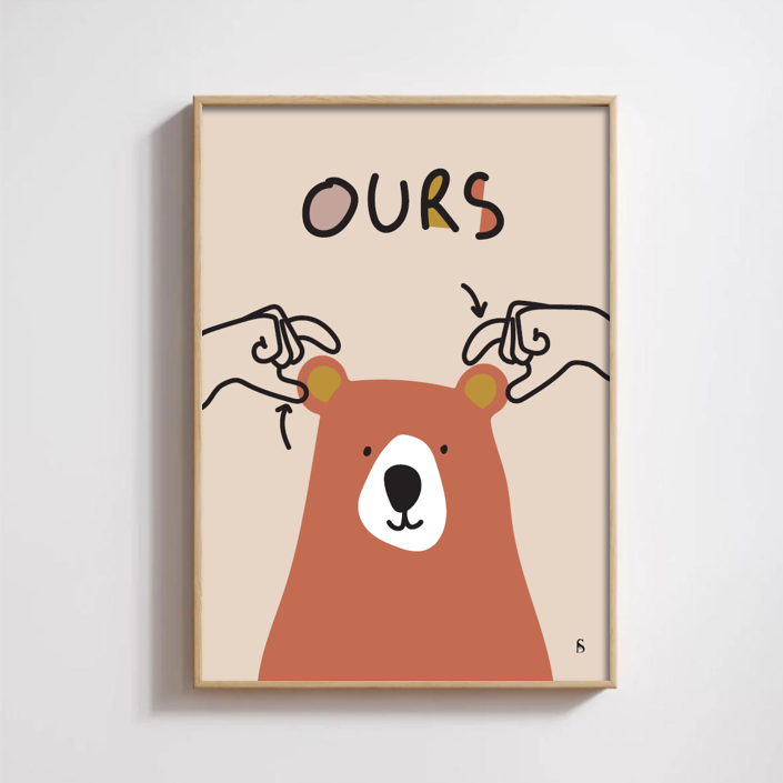 Affiche en langue des signes française du mot ours encadrée