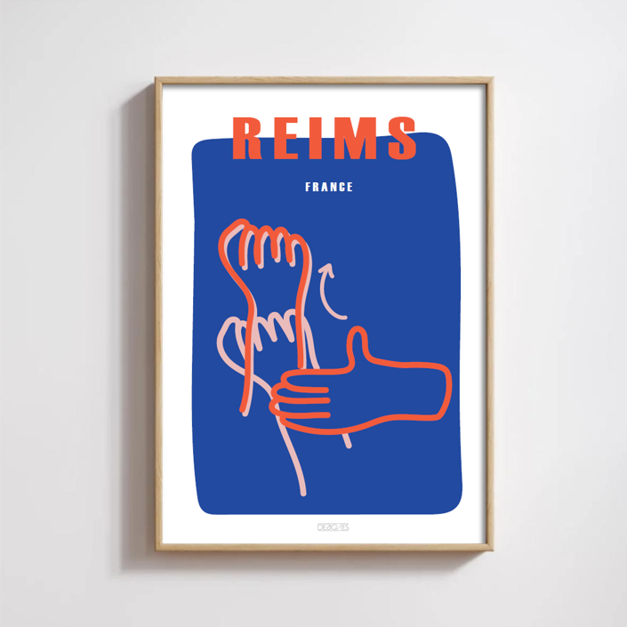 Affiche du signe en langue des signes française de la ville de Reims encadrée